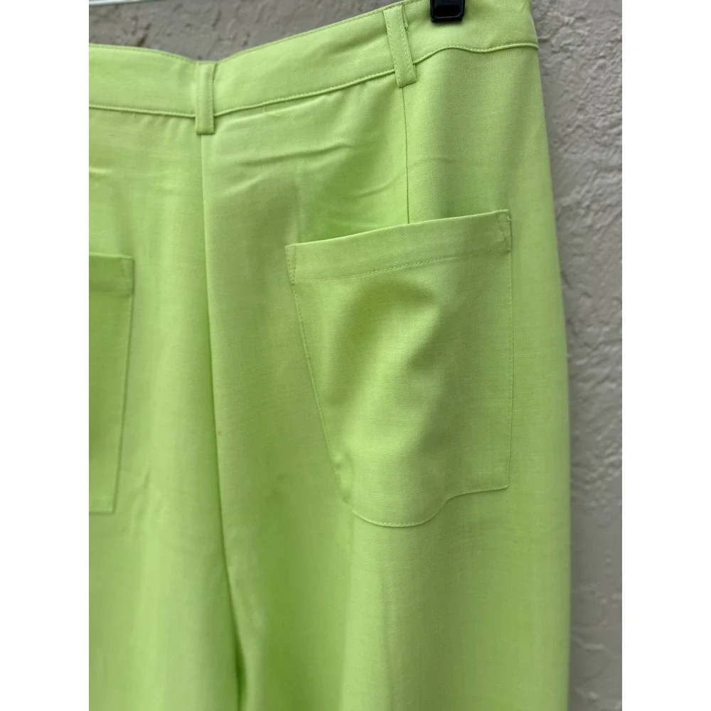 WeWoreWhat Lime Green Wide Leg Pleated Trousers High Waist Neon Pants Size 12